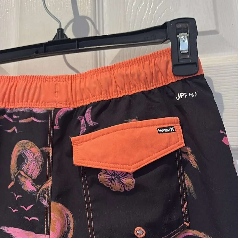 Hurley Black and Pink Board Shorts Tropical Design SZ 10/12 Neon orange and pink
